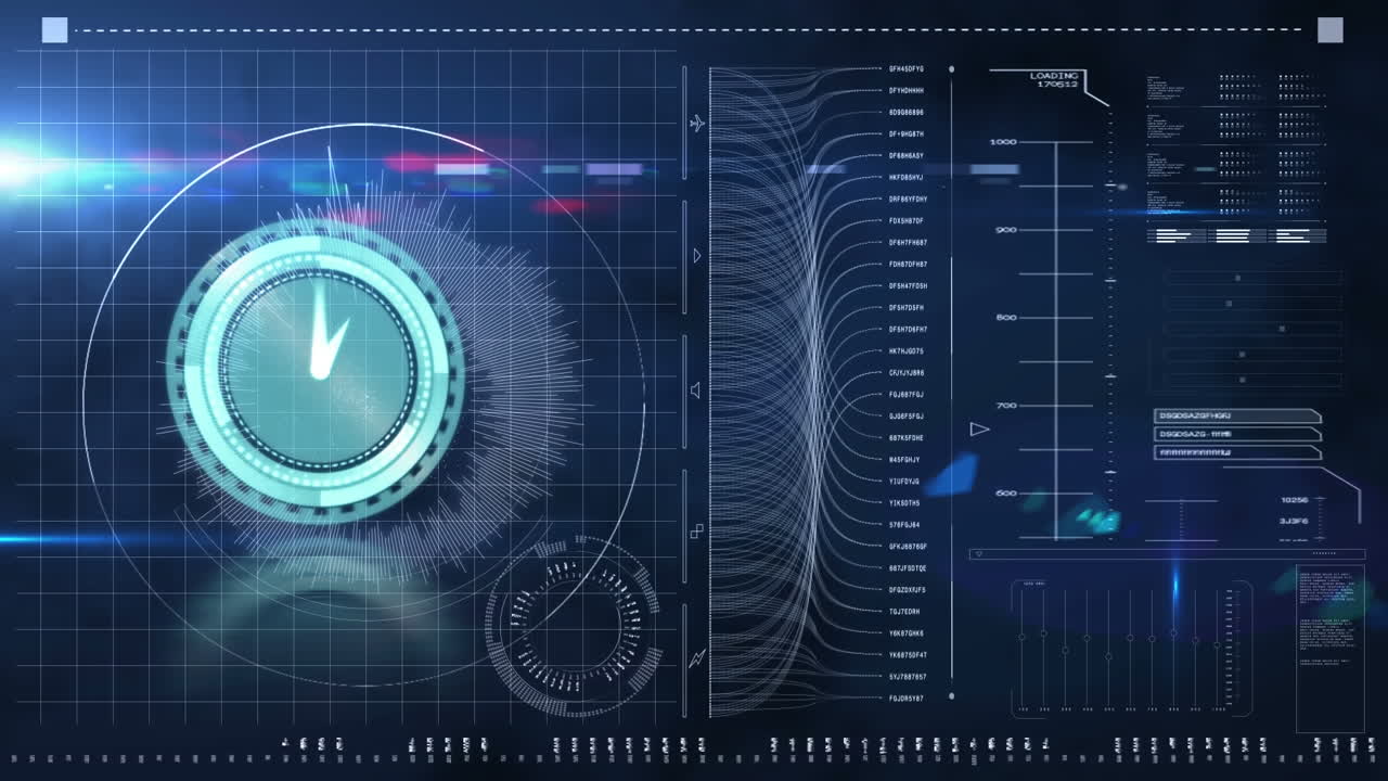 다양한 데이터와 함께 화면 위로 움직이는 시계의 애니메이션