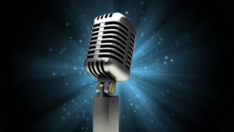 animation of vintage microphone over blue light on black background