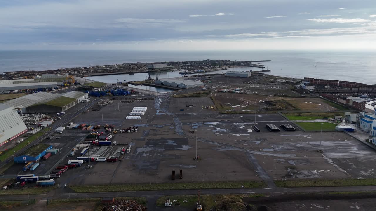 Aerial drone video Hartlepool marina harbour port beach coastal town County Durham North East England UK
