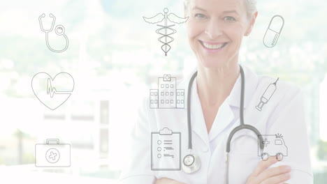 female doctor standing with crossed arms in clinic, showing overlaid stethoscope and ecg icons