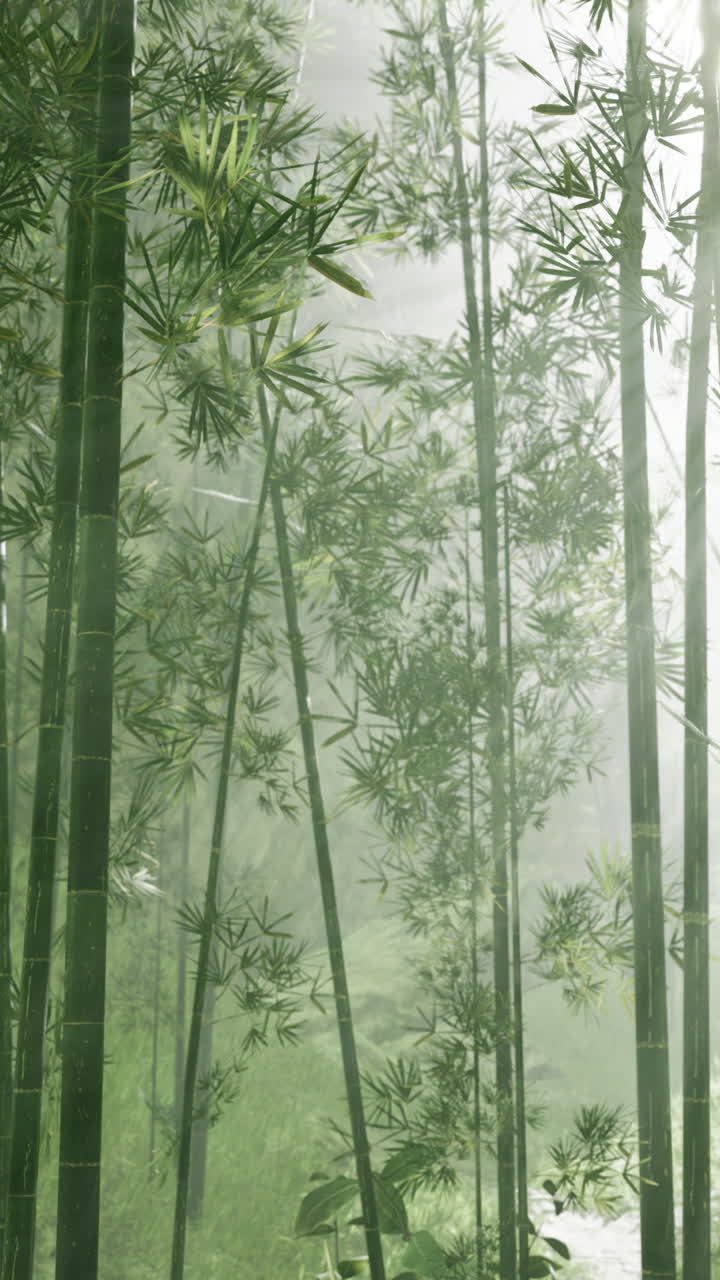 una hermosa foto de un bosque de bambú con niebla en el fondo