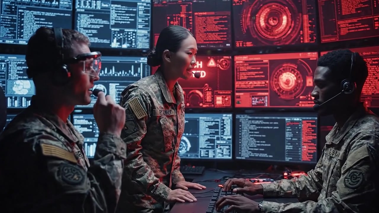 Military Personnel Engaged in Cybersecurity Operations Analysis at High-Tech Command Center with Multiple Monitors Displaying Critical Information and Alerts.