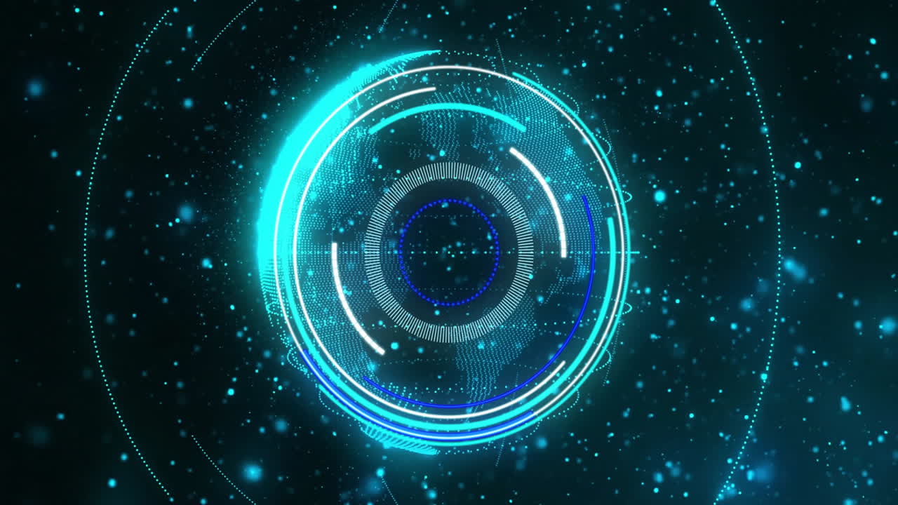 animación de interfaz digital futurista sobre el mapa del mundo con círculos azules brillantes