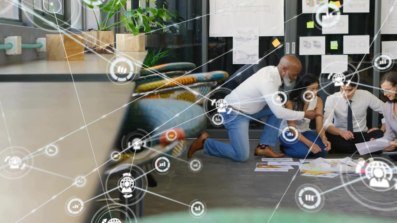 Title shifting into watermark starting marketing icons floating over panning room, showing data