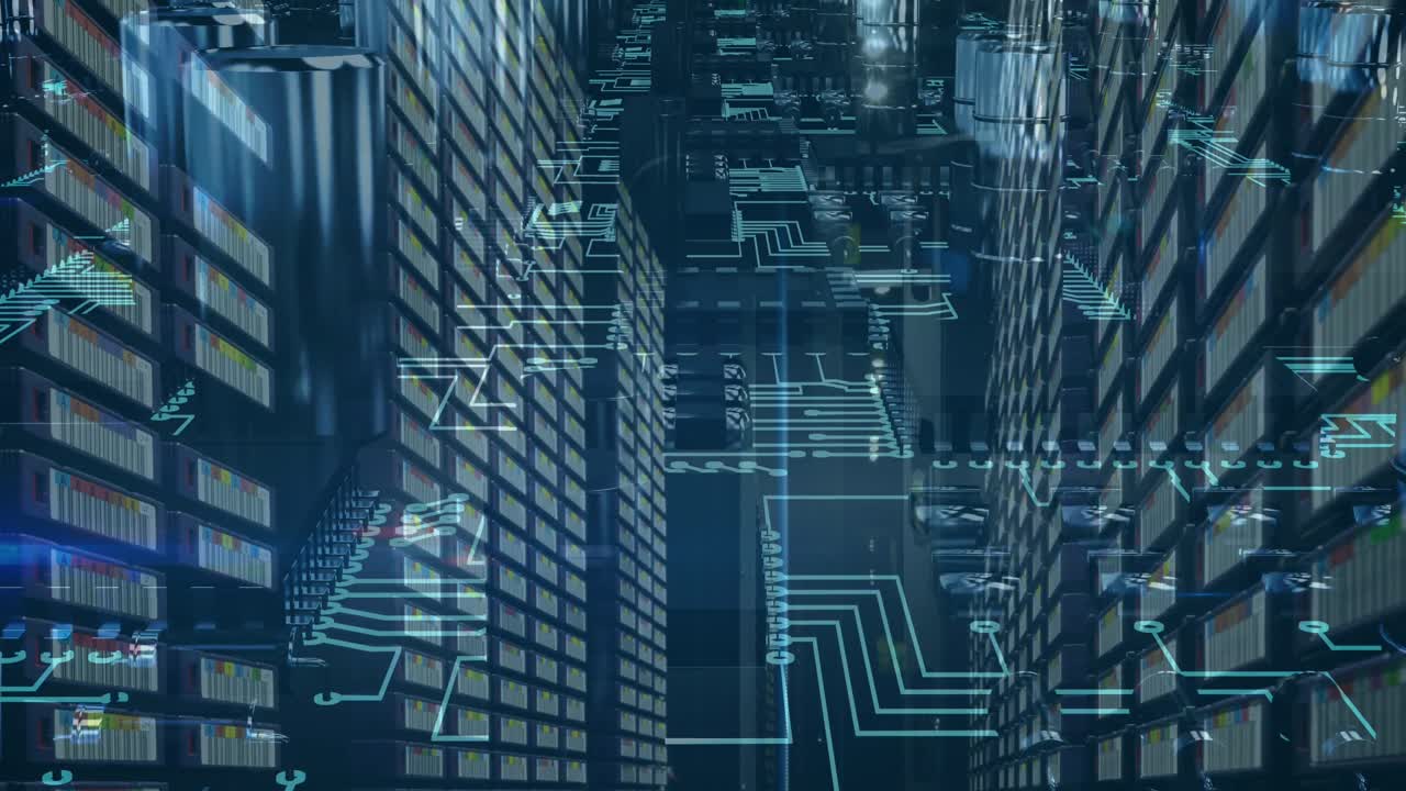 Animation of data processing on circuit board over computer servers