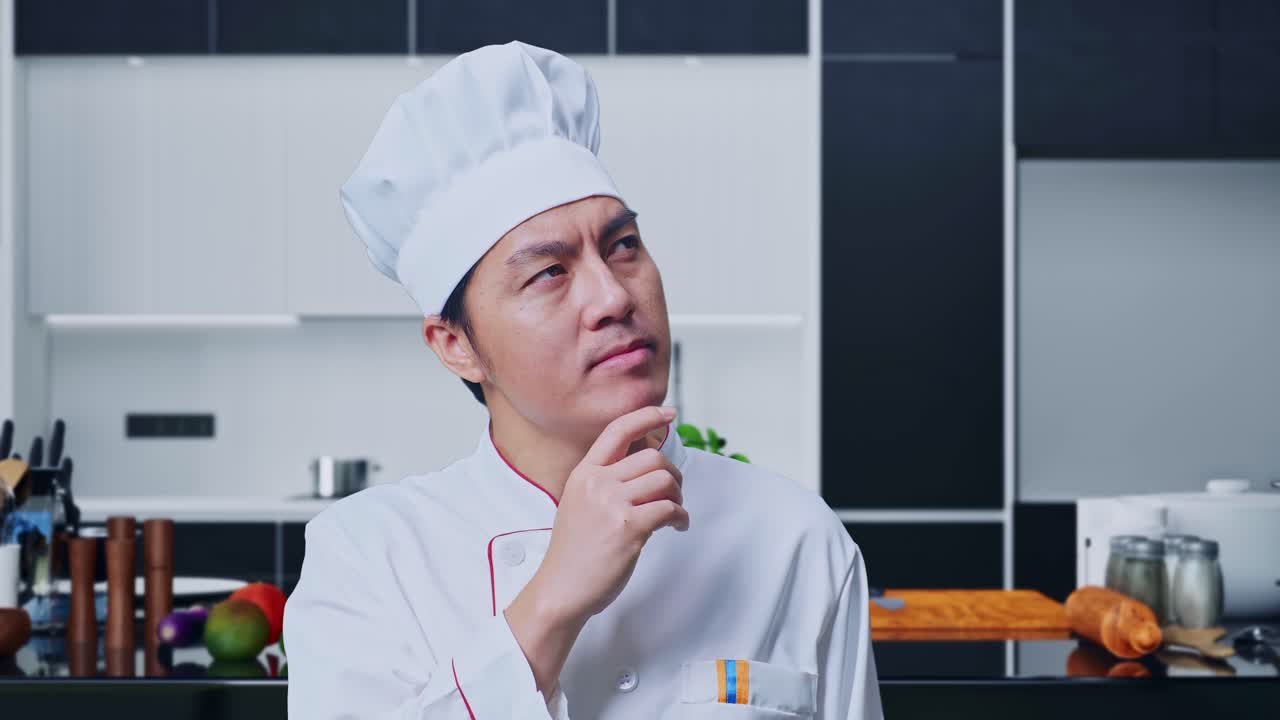 close up de un chef asiático pensando y mirando a su alrededor luego levantando su dedo índice mientras estaba de pie en la cocina de casa