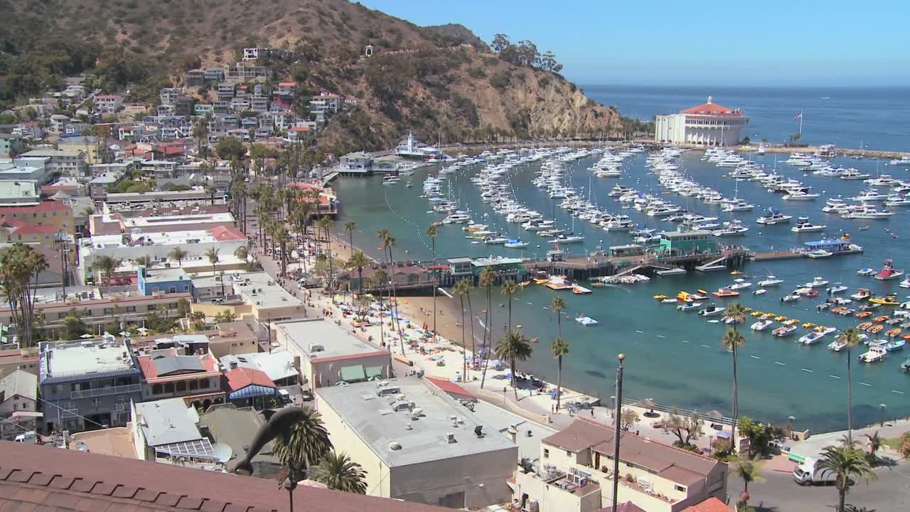 visión general de ángulo alto de la ciudad de avalon en la isla catalina con la casa de la ópera en el fondo 2