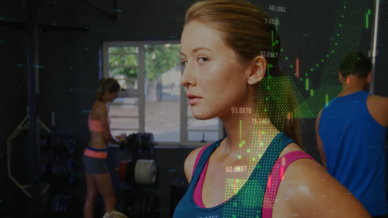 Close-up female athlete lifting dumbbells in gym, displaying AR fitness graphs and numeric data
