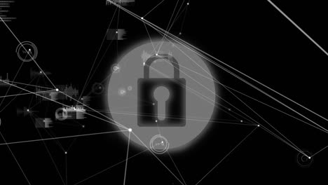 animación digital de la red de conexiones a través del icono de candado de seguridad sobre fondo negro