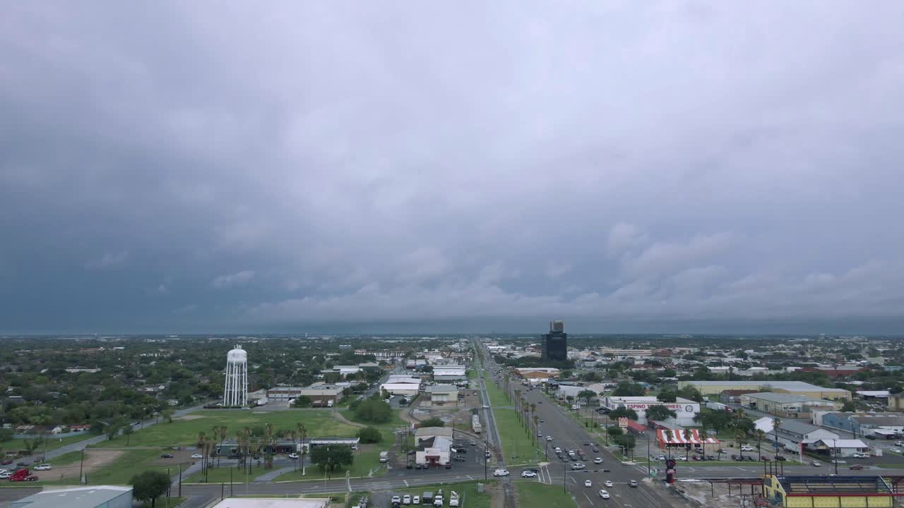 footage fly over Mcallen Texas downtown on a raining day