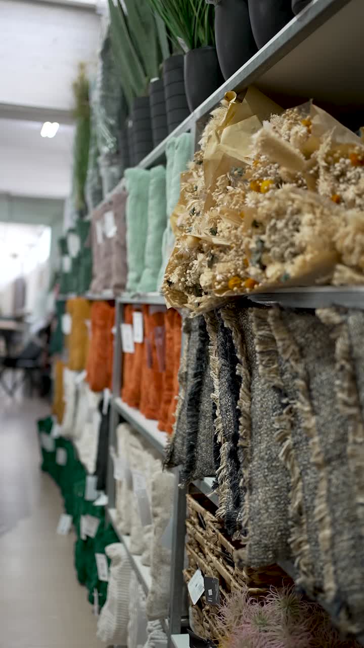 Explore a lively shop filled with a variety of colorful textiles and home decor items arranged on shelves. Customers browse through unique fabrics and materials