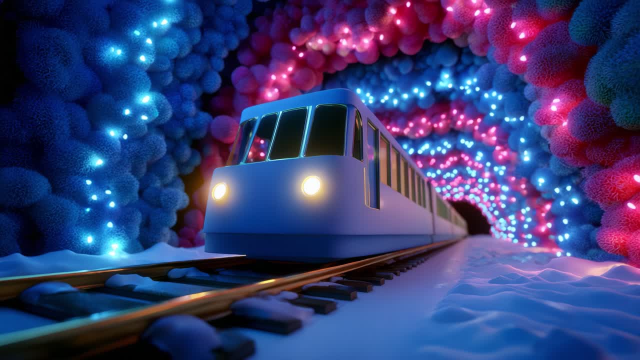 Illuminated Train Journey Through a Mystical Tunnel of Colorful Lights and Textured Surfaces, Creating a Fantastical Atmosphere with Vibrant and Dreamlike Elements