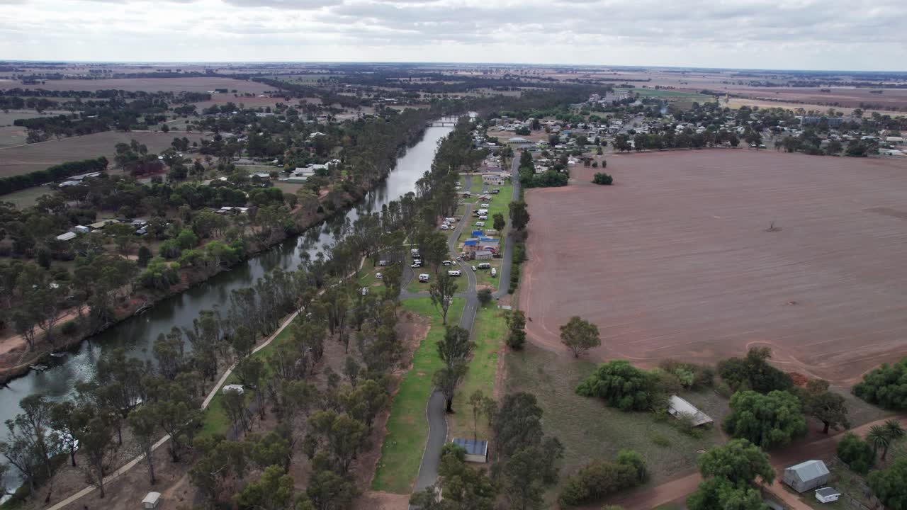 Aerial view of Bridgewater and the Loddon River with the Bridgewater Caravan Park in the foreground, central Victoria, Australia, May 2025.