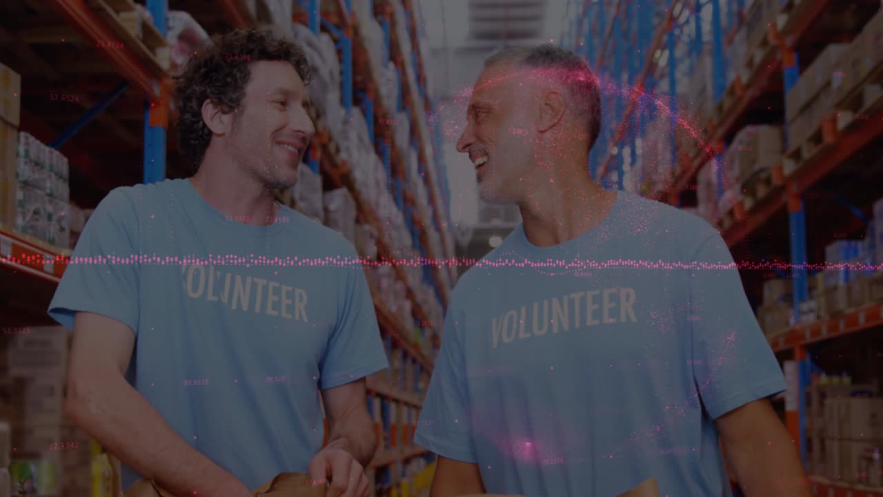Animation of financial data processing over diverse volunteers in warehouse