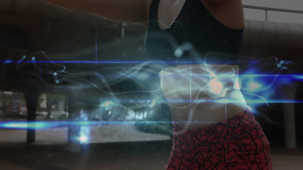 animación de la red de conexiones sobre mujeres que hacen ejercicio al aire libre