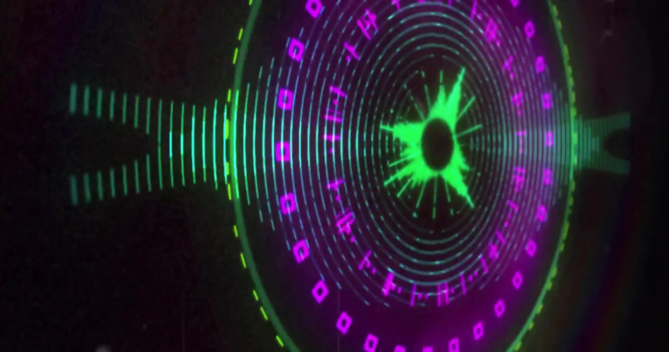 Neon circular interface rotating on black display, showing concentric waveforms and glowing bars