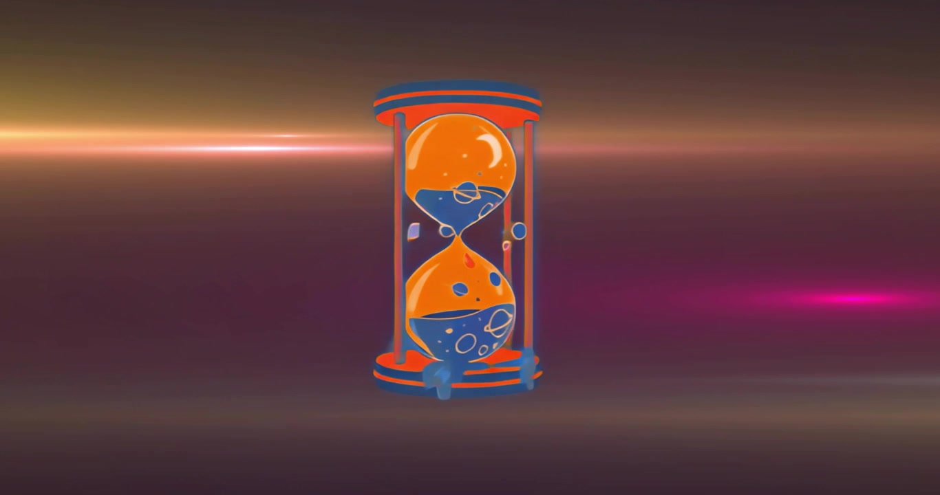 Hourglass materializing, orange sand drifting downward while rotating orbs illustrating time flow