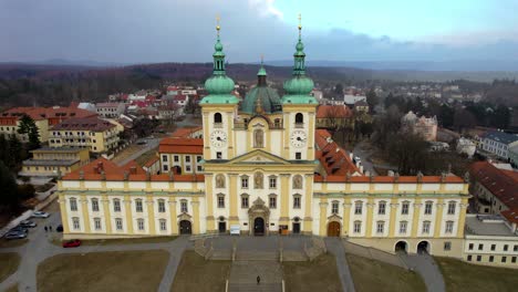 Basilica-of-Minore-Visitation-of-the-Virgin-Mary-on-Svatý-Kopeček-in-Olomouc-on-a-hilly-staircase-along-which-the-visitor-is-walking---static-shot