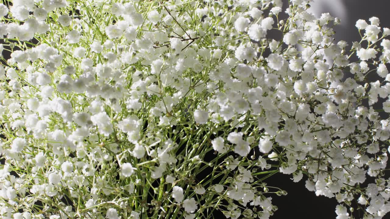 gypsophila graceful on table, white flowers close-up with a blurred background at home. Natural background for design or as texture. Summer plants.