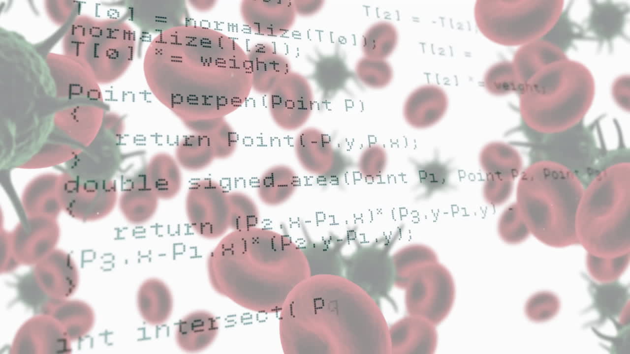 백색 배경에서 바이러스 세포에 대한 데이터 처리의 애니메이션