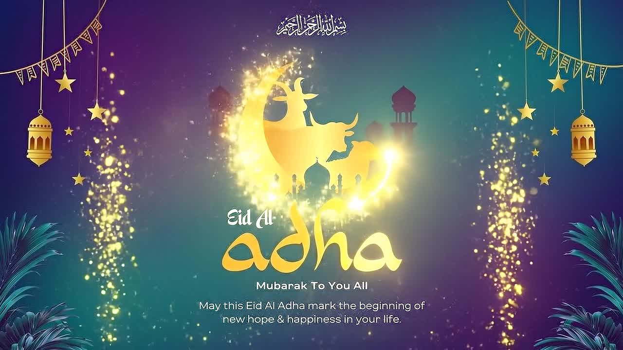 Animazione banner di auguri per Eid al-Adha con capra, luna crescente, moschea e luci di lanterne festive
