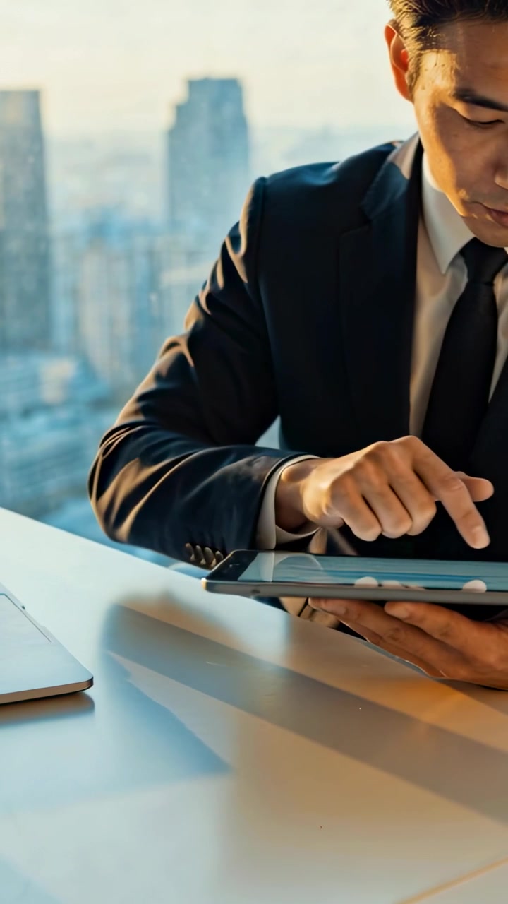 Video vertikal: Dimulai dengan ketukan pertama, pria Asia berjas menggeser tablet, bekerja di meja.