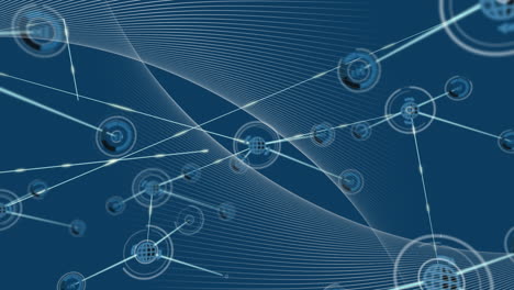 Animation-of-network-of-connected-globes-and-processing-data-on-blue-background