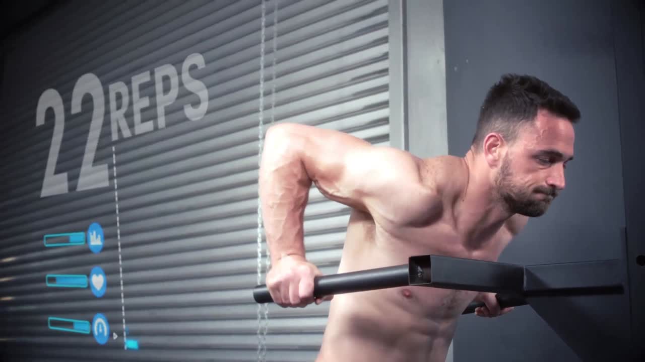 애니메이션을 배경으로 평행 바  ⁇ 프를 수행하는 보디빌더