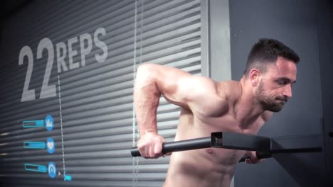 bodybuilder performing parallel-bar dips against animated background