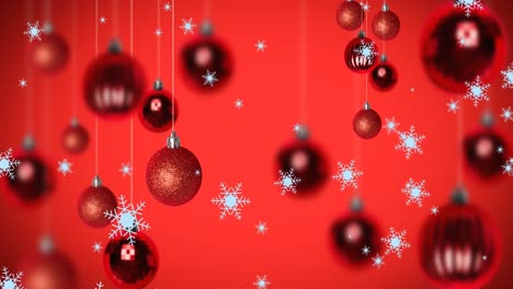 Animation-of-snow-falling-over-christmas-baubles