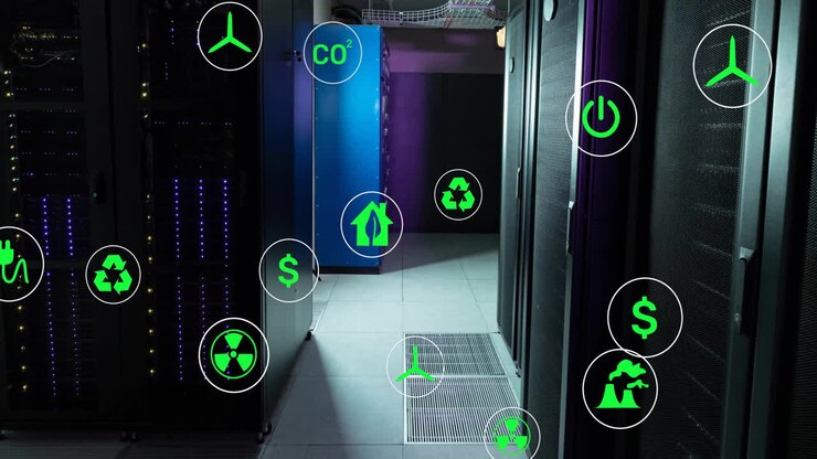 Animation of eco icons and data processing over computer servers