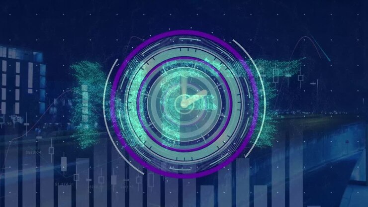 Animation of nft text, moving clock and data processing over cityscape