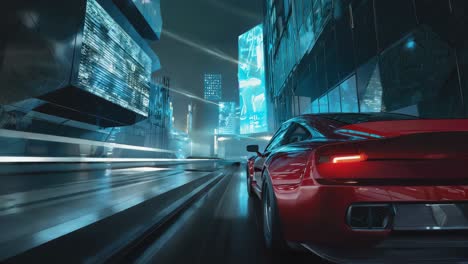 Red Sports Car Driving Through a Futuristic Neon City at Night