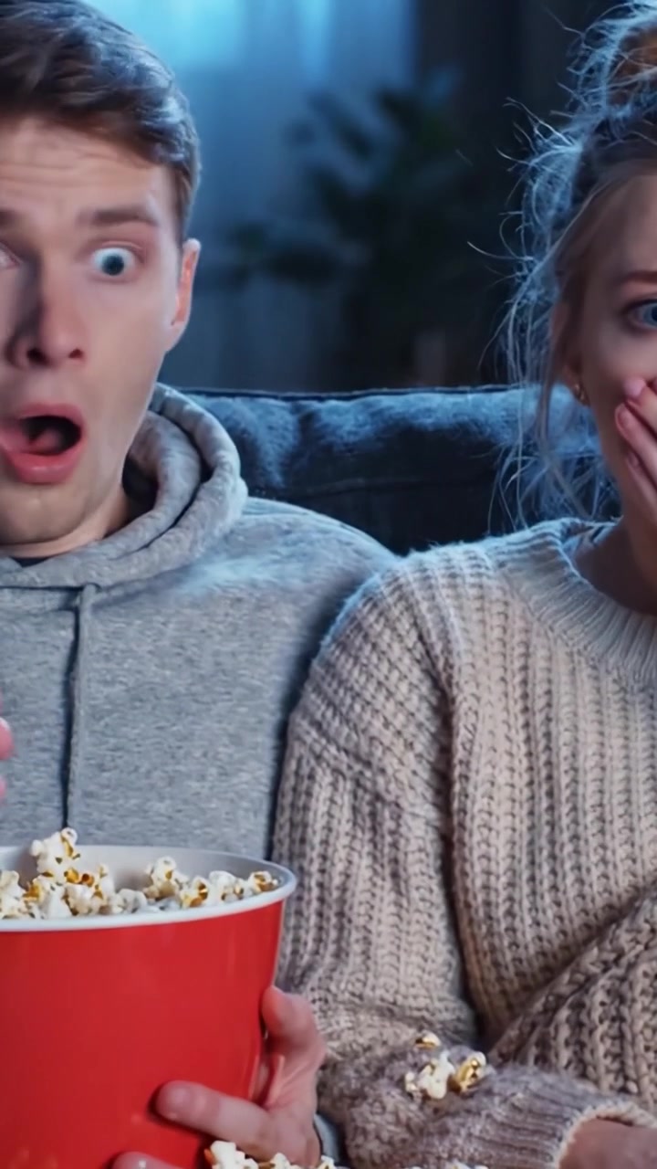 Intens filmkveld: Et pars spennende reaksjon mens de spiser popcorn, som fanger deres sjokk og frykt under en nervepirrende scene.
