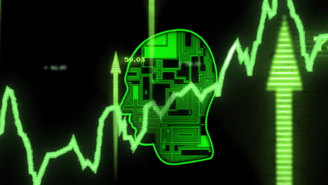 animación del procesamiento de datos financieros sobre el cabezal de la placa de circuitos sobre un fondo negro