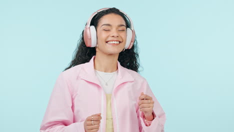 Dance,-music-and-excited-woman-on-headphones