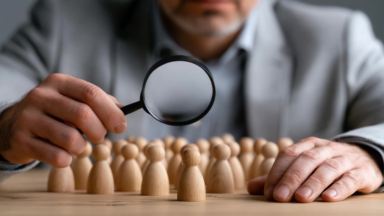 A focused examination using a magnifying glass on wooden figures, highlighting the importance of detail and scrutiny in analysis and observation.