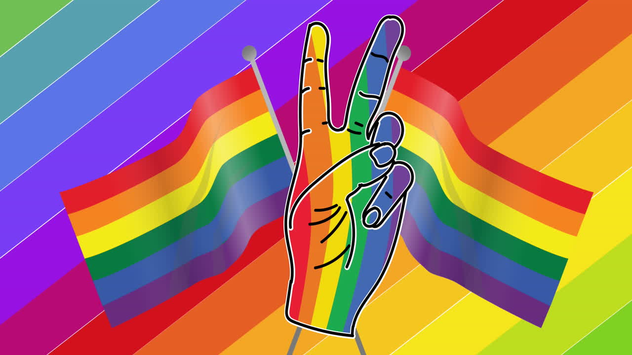 animación de la señal de la mano de la victoria y banderas sobre el fondo del arco iris.