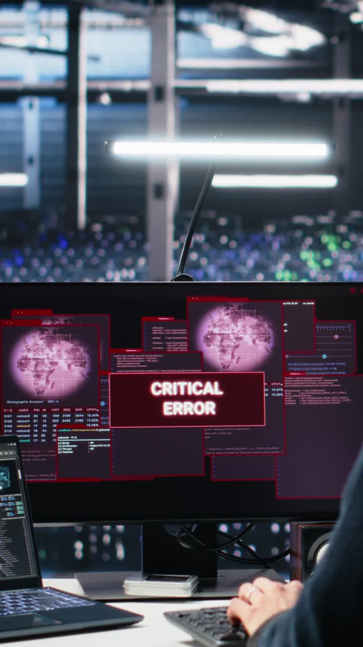 Vertical video Data center team of engineers tries to fix critical error warning while using AI
