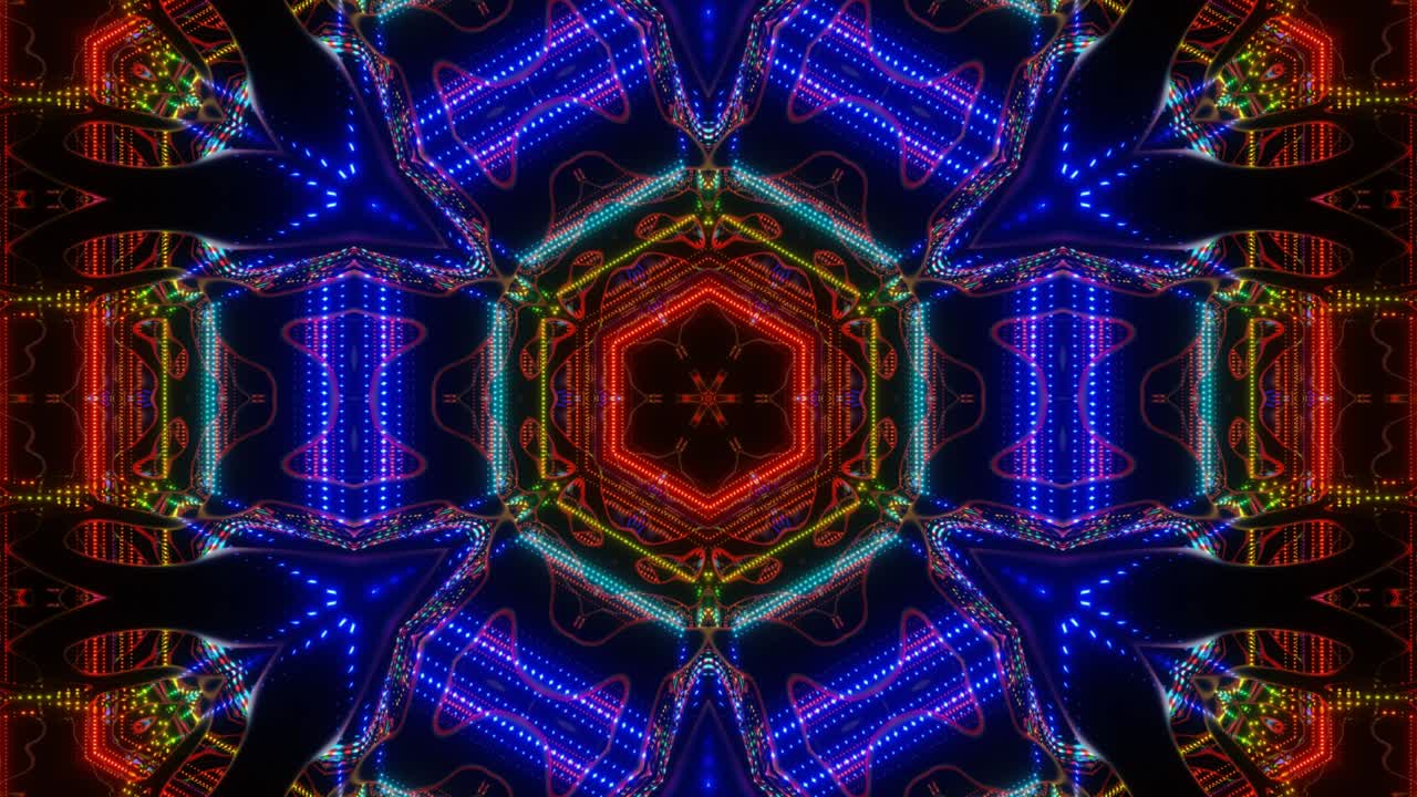 patrón simétrico. caleidoscopio de neón 4k fondo en bucle sin costuras con líneas de neón brillantes y reflejo en el espejo. estructura de estrella o flor de simetría. fondo abstracto festivo brillante