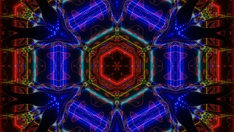 patrón simétrico. caleidoscopio de neón 4k fondo en bucle sin costuras con líneas de neón brillantes y reflejo en el espejo. estructura de estrella o flor de simetría. fondo abstracto festivo brillante