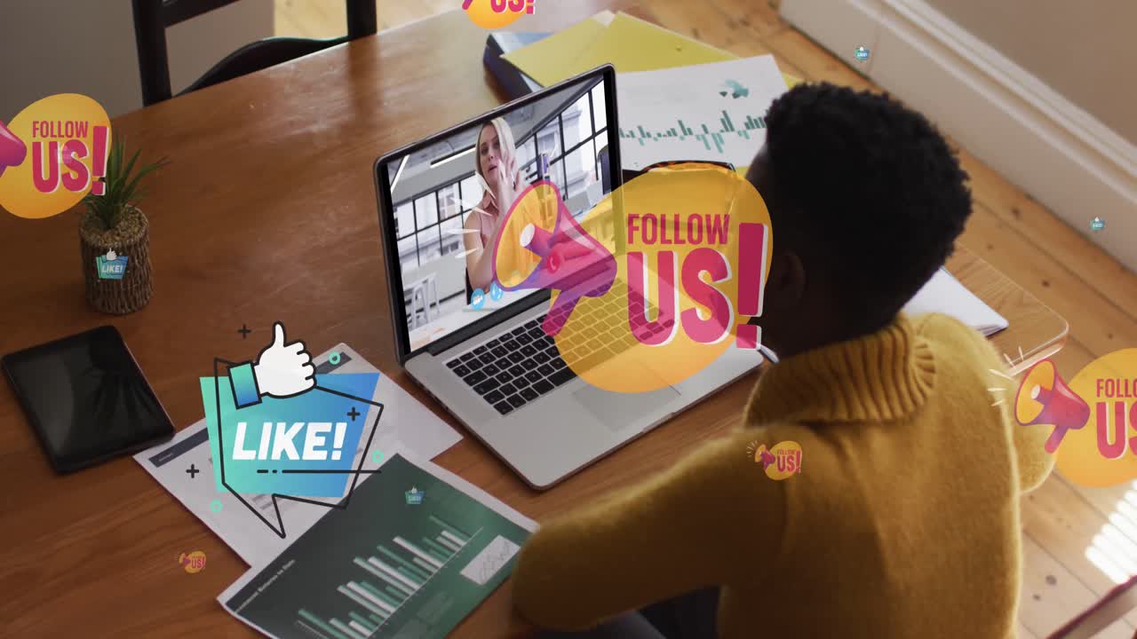 Animation of follow us over african american woman having video call on laptop