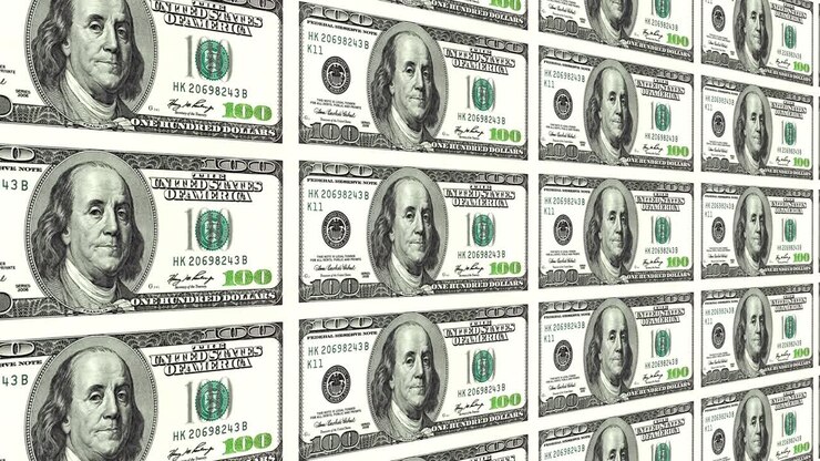 Banconote da 100 dollari in lontananza con prospettiva 3D. In loop