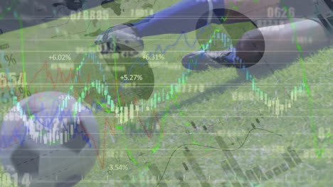 Animación-De-Gráficos-Y-Datos-Financieros-Sobre-Las-Piernas-De-Un-Jugador-De-Fútbol-Masculino-Con-Una-Pelota-En-El-Campo