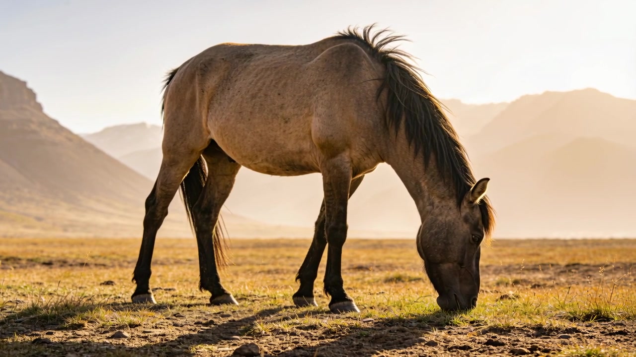 Cavalo adulto pastando, mostrando fome, abaixando a cabeça, mastigando e pisando em vale gramado, sem arreios.