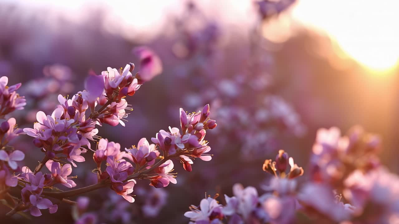 Soft light bathes delicate purple blossoms. Petals glow gently against blurred, dreamy background. Branches sway with subtle, natural movement. Vibrant hues evoke calm and wonder