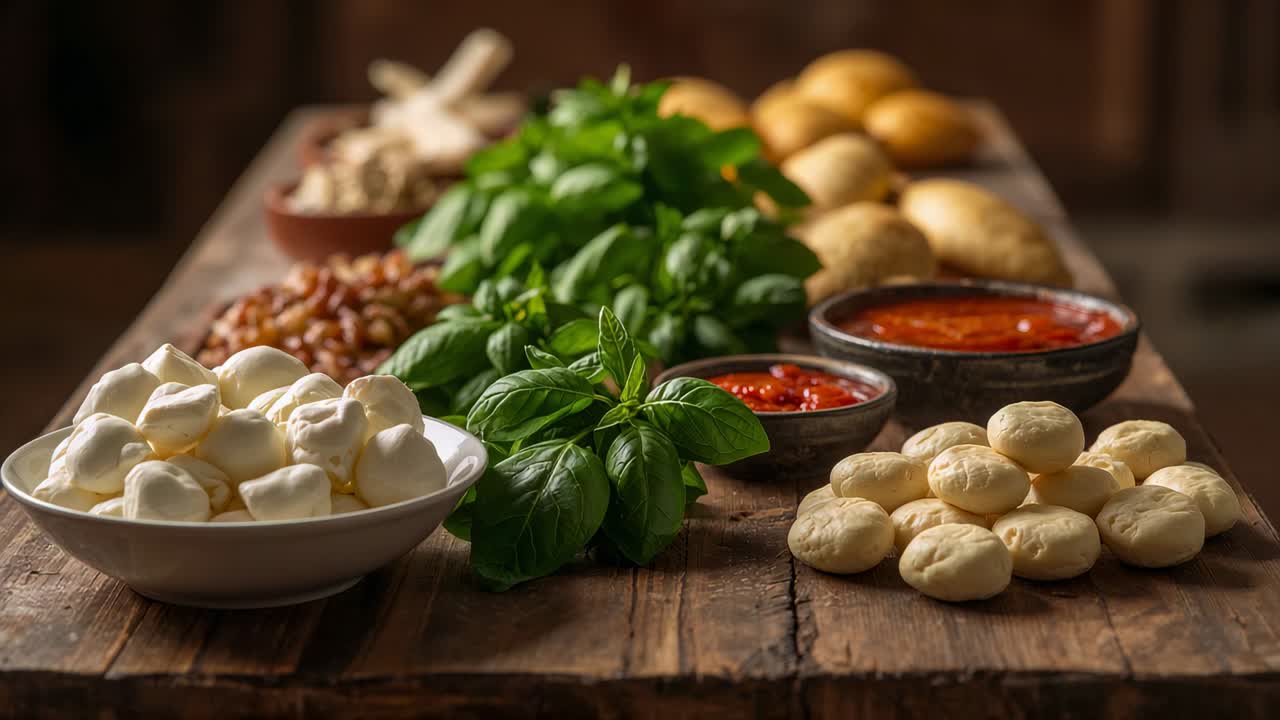 Zoom avanti della camera, tavolo apparecchiato con basilico, bocconcini di mozzarella, salsa rossa per la composizione