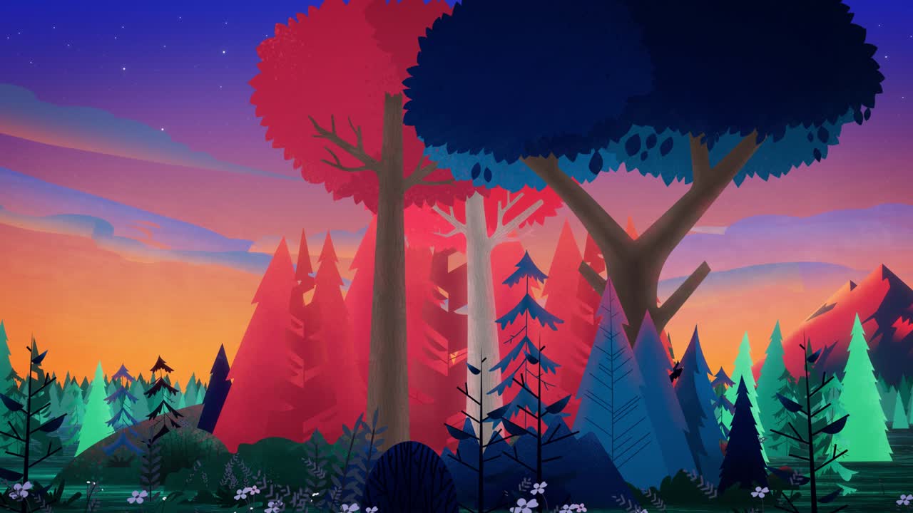 un grupo de árboles se balancea en el viento con una montaña en el fondo por la mañana al amanecer. balanceo suave de la cámara a lo largo de la composición.