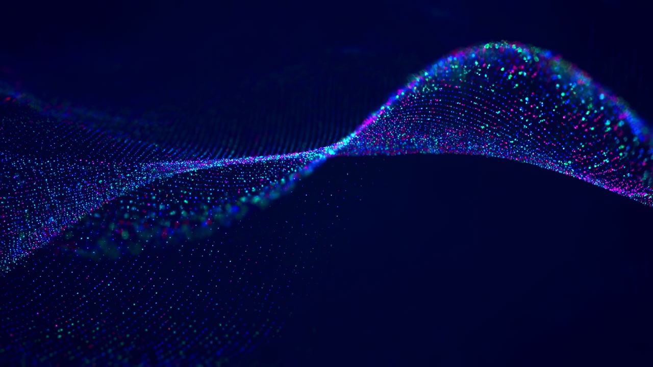 Shimmering Particle Wave Over Dark Background, Deep Blue Field Of Glowing Points Forms Rippling Ribbon