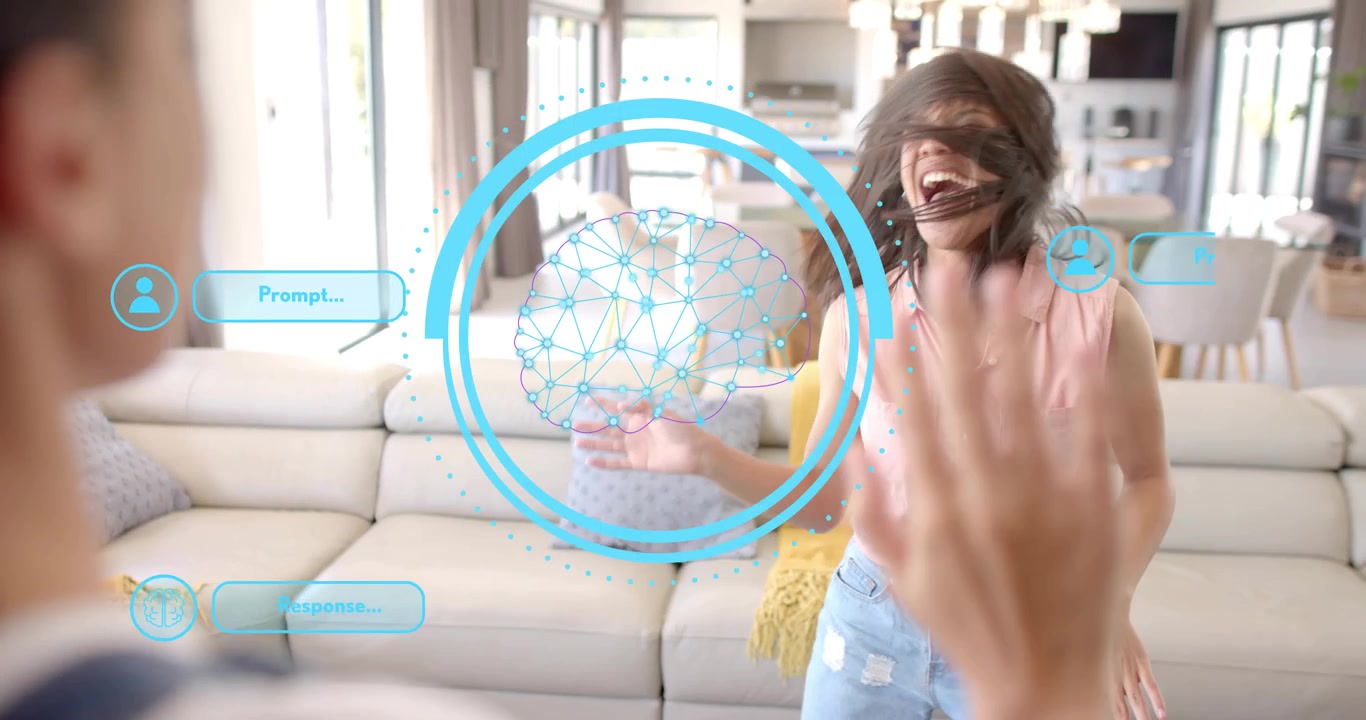 Persona con mono de trabajo levantando la mano usando un gráfico de cerebro pulsante para un baile tecnológico interactivo con una mujer.